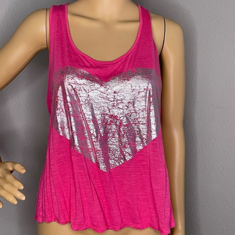 Reckless Hearts Sleeveless Top Pink With Metallic Silver Crackled Heart Medium
